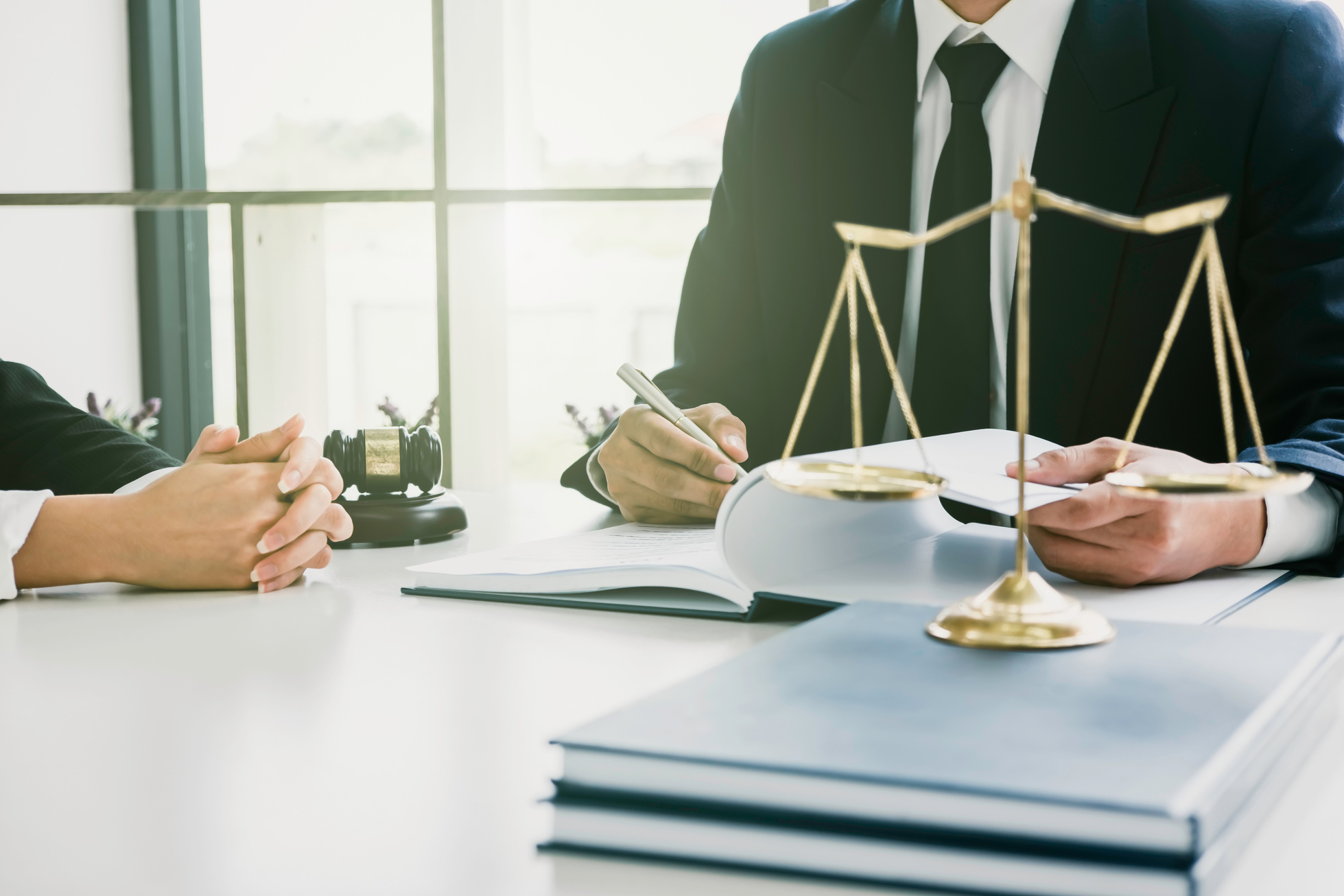 Justice Lawyer Meeting with Contract Papers and Judge Gavel